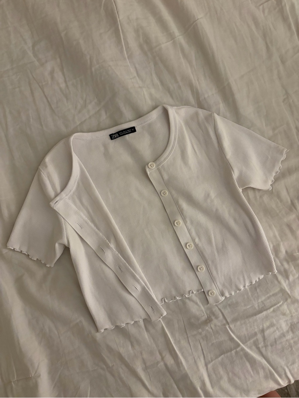 Zara White Ribbed Button Front Cropped Cardigan Top Size Small